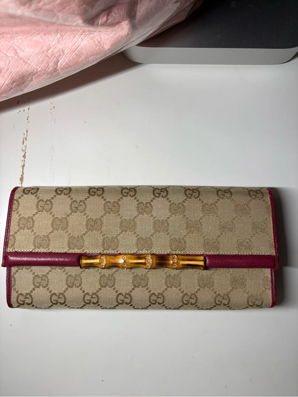 Gucci Beige GG Canvas Continental Crossbody bagwith Burgundy Trim and Bamboo Bar - Picture 2 of 9